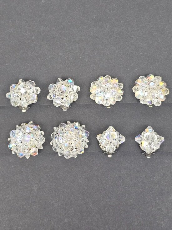 Vintage Jewelry - Vtg Crystal Glass Clear AB Aurora Borealis Cluster Clip On Earring 4 Pair Lot 97